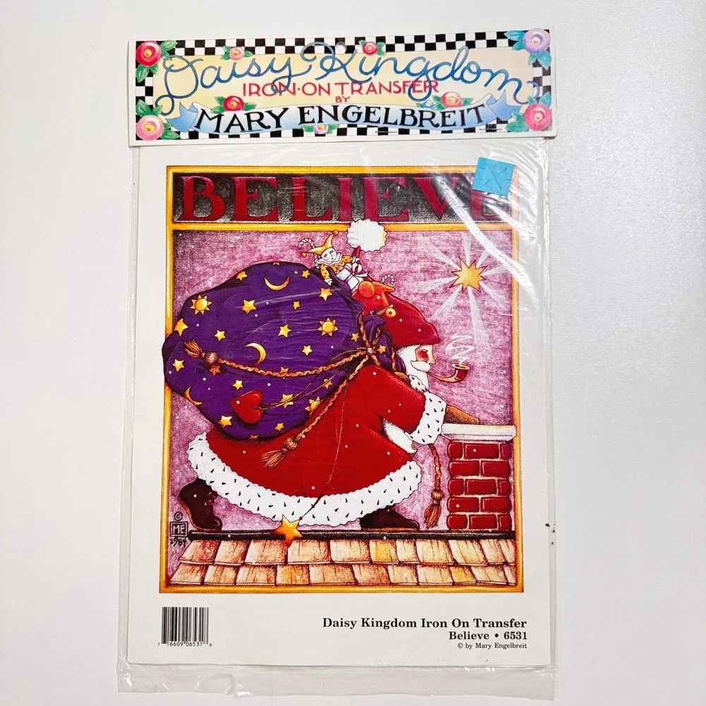 Vintage 1990 MARY ENGELBREIT Daisy Kingdom Iron-On Transfer Santa BELIEVE 6531